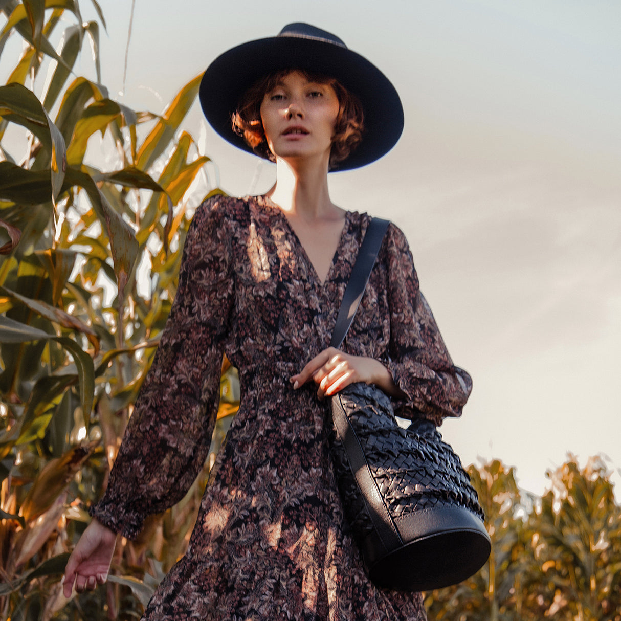 Black Emery Woven Leather Bucket