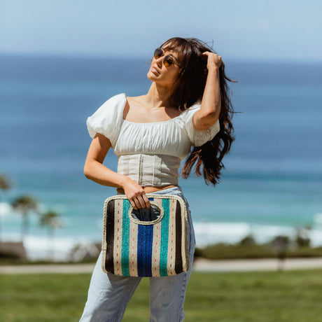 Square Straw Beach Tote in blue