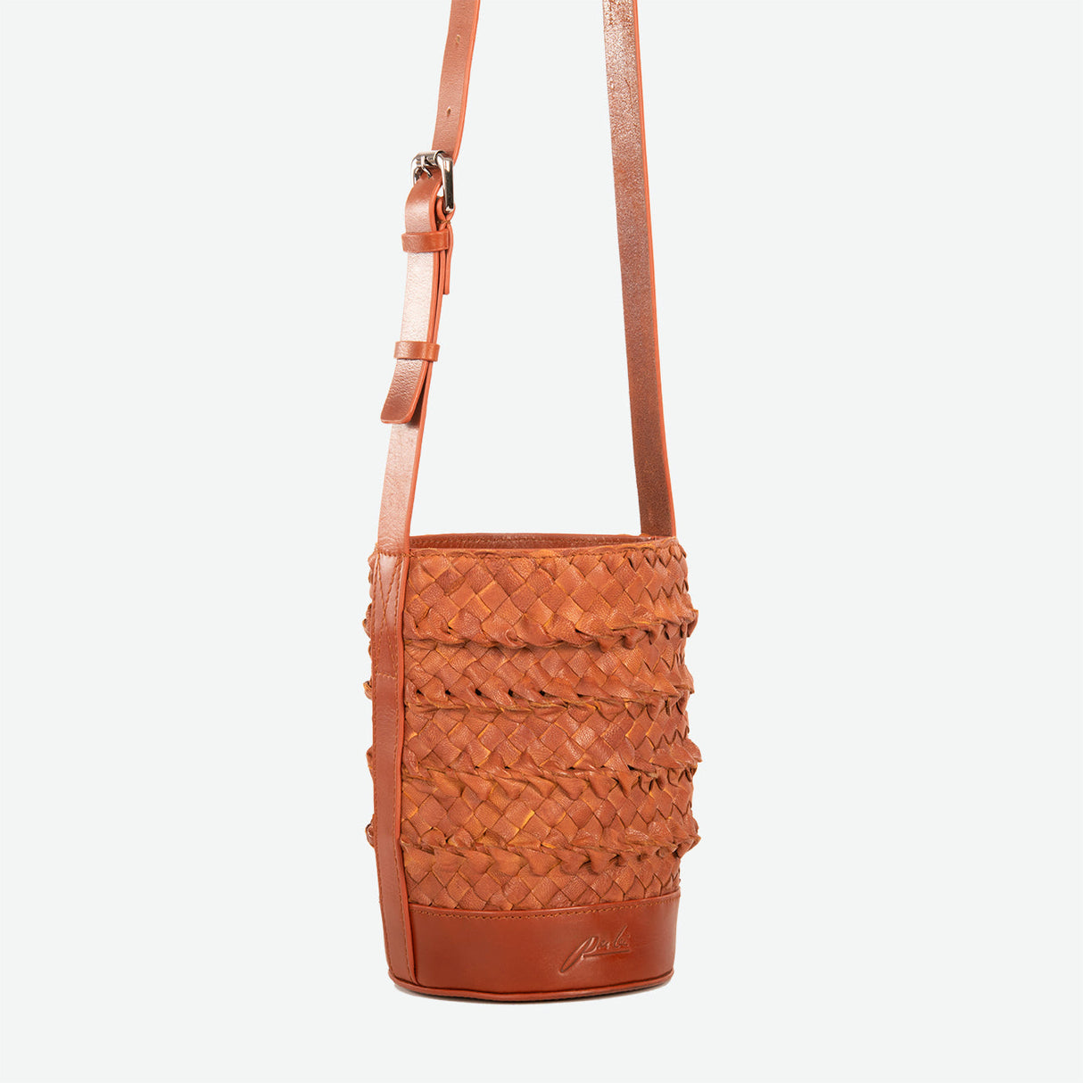 Mini Chestnut Woven Leather Bucket